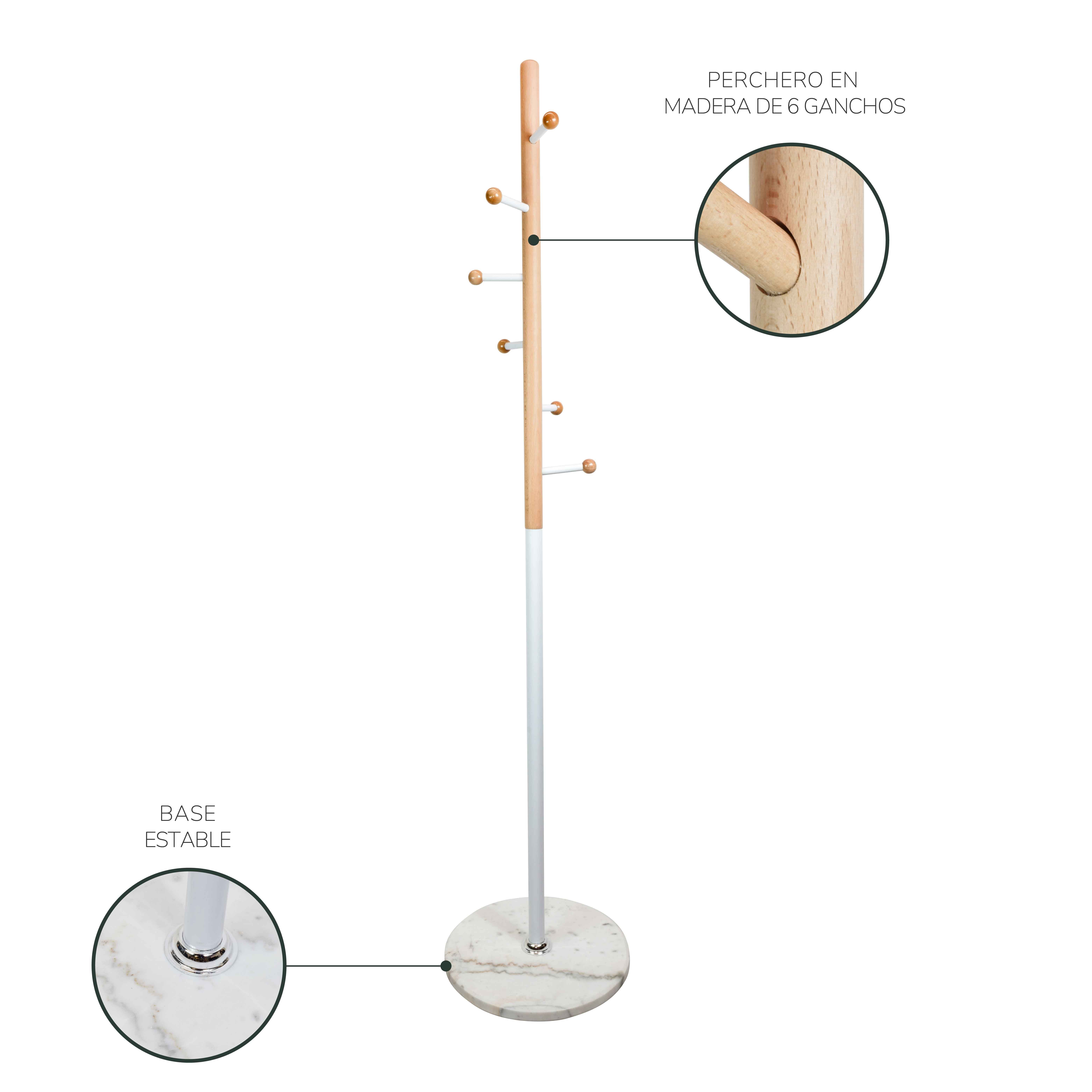 Perchero de pie blanco y de madera con 6 ganchos