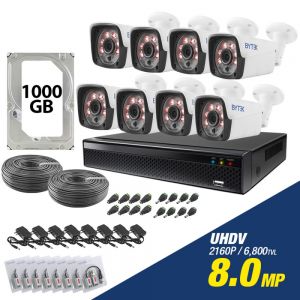 Kit de 8 camaras de 8.0mp UHDV 2160p + disco duro 1000GB y cable utp