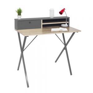 Escritorio minimalista con Entrepaños y Cajon en Mesa y orificio pasa cables