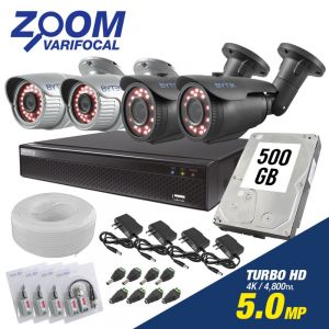 Kit de 4 camaras de 5.0mp UHDV 4k con Zoom Varifocal + Disco Duro 500GB