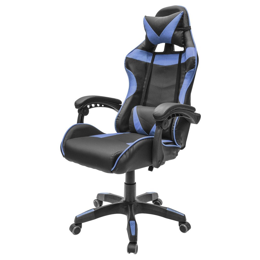 Silla Gamer Azul con descansa pies, reclinable y cojines lumbar y cabecera  - Del Río Solutions Online